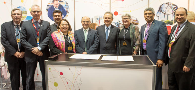 UCalgary and Mexico leaders at the 2016 Global Petroleum Show, after the Mexican Secretary of Energy, Pedro Joaquín Coldwell announced an investment of 150 million pesos toward joint research and called for proposals. From left, Dan McFadyen, Ed McCauley, Cecilia Villanueva, Leonardo Beltran (back), Sergio Alcocer, Pedro Joaquín Coldwell, Dru Marshall, Janaka Ruwanpura and Carlos Ortiz.
