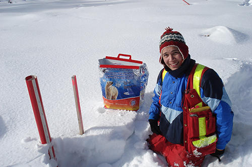 Pablo Pina Poujol pictured doing a snow survey in the Alberta Foothills Model Forest as part of his PhD research into the effects of Mountain Pine Beetle attack in the water balance of a mature lodgepole pine forest. 