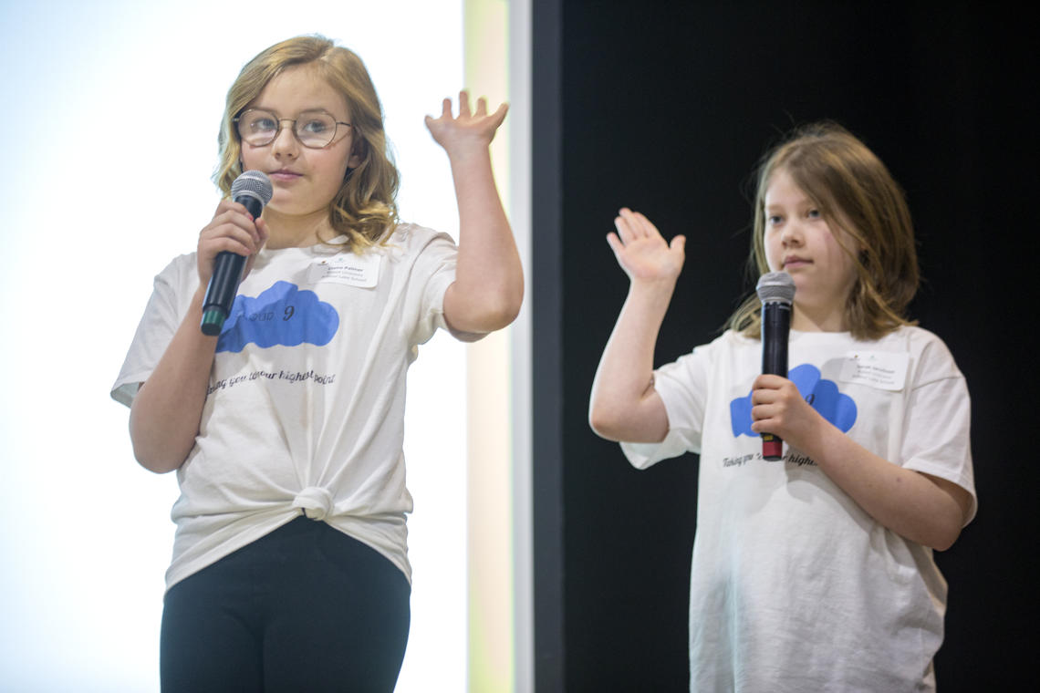 Claire Palmer and Sarah Jacobson of Robot Unicorns pitch their app, Cloud9, at the Technovation regional pitch competition hosted by the University of Calgary's Faculty of Science.