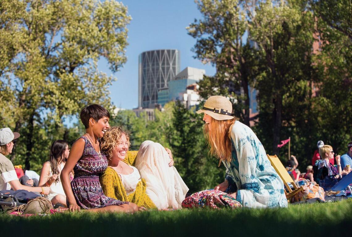 A group sitting on the grass in Prince's Island Park