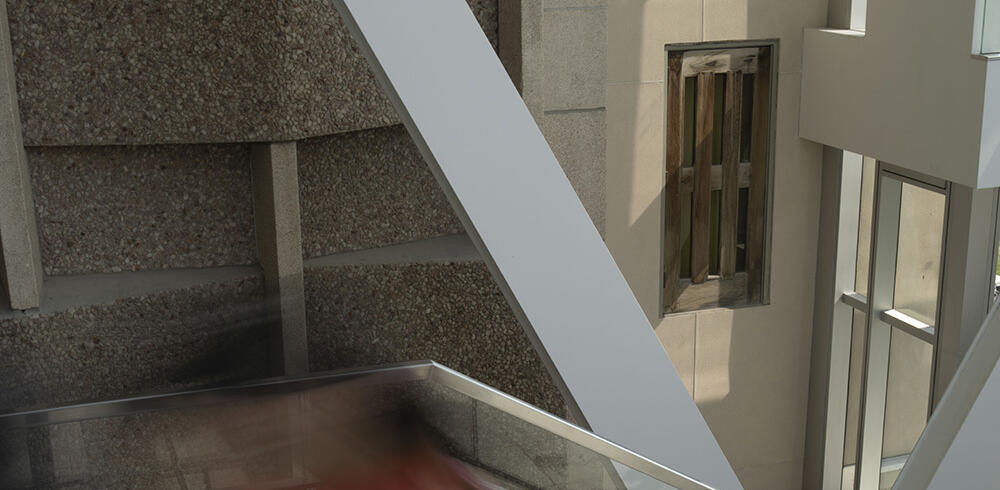 Ghostly image walks up the stairs looking down over our historic door to nowhere.