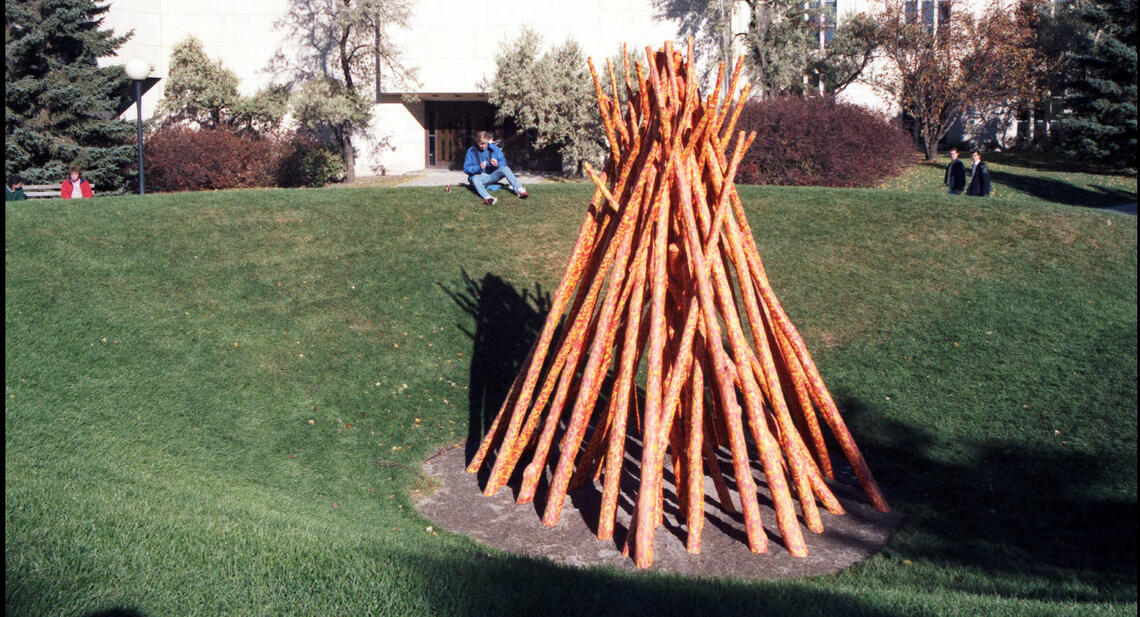 Fire sticks art installation created by artist Robert Cruise and central to the engineering courtyard from 1986 until 2014.